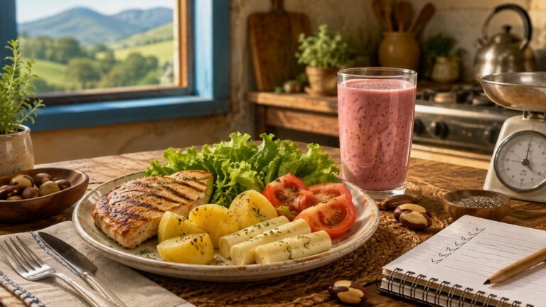 Prato com frango, batatas, salada e shake representando uma estratégia alimentar equilibrada